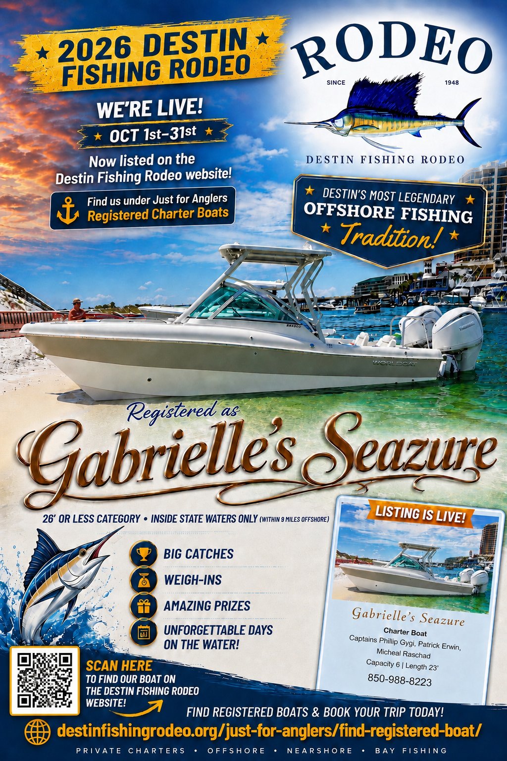 2026 Destin Fishing Rodeo, Oct 1–31. Gabrielle's Seazure is a registered charter boat