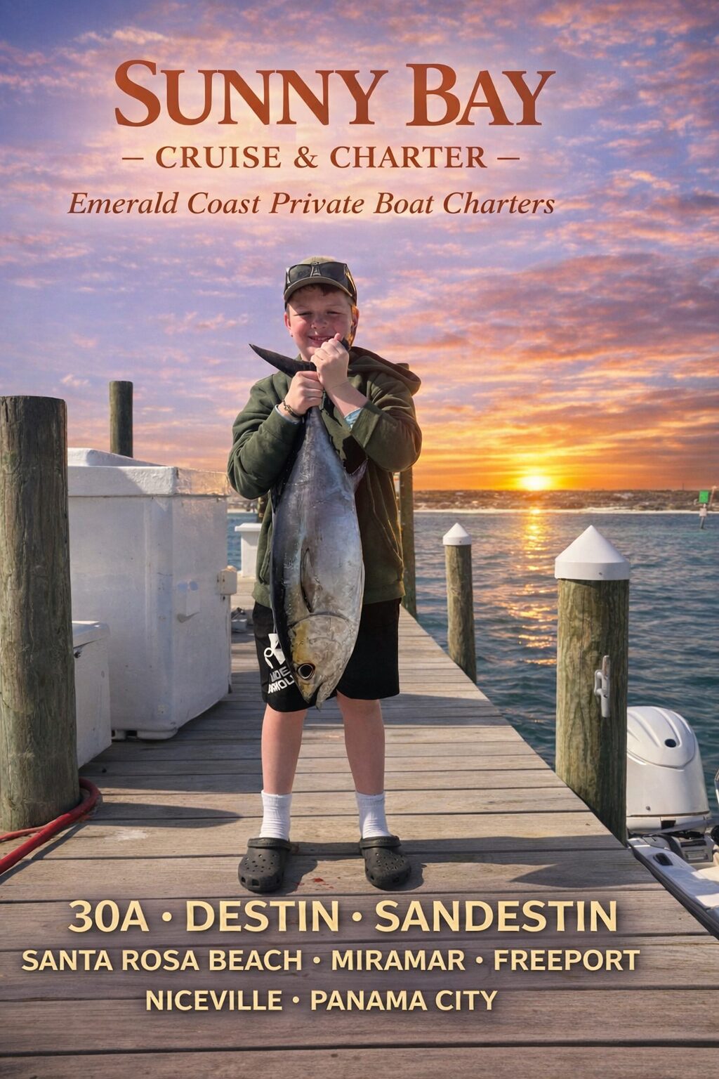 Young angler holding a tuna on the dock at sunset