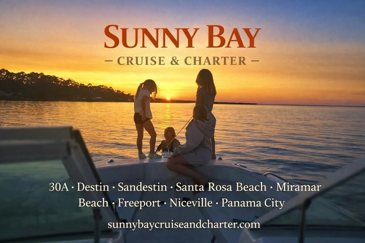 Family enjoying sunset on boat